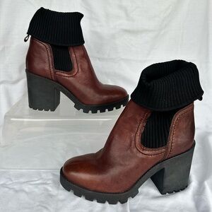 Barneys New York Foldover Cuff Leather Ankle Boots Brown and black